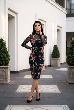 Lulus Garden Me Navy Blue Floral Embroidered Mesh Long Sleeve Bodycon Dress Size